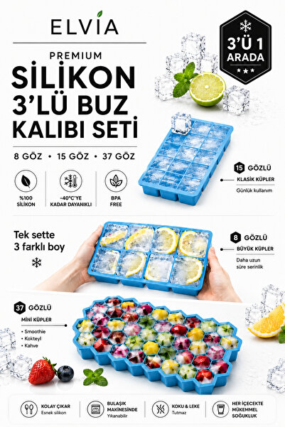 ELVIA HOME & LIVING 3'lü Buz Kalıbı Seti, Büyük buzlar, Normal buzlar, Mini B...