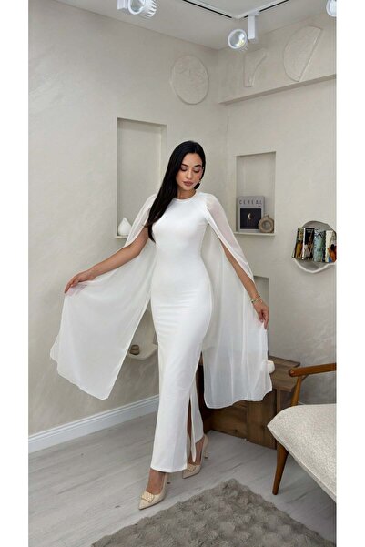 miraylawear VİOLET BEYAZ RENKLİ TÜL PELERİN DETAYLI KADIN MAXİ ELBİSE