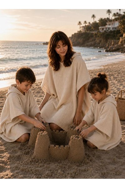 modekamoda Muslin Hooded Poncho - 100% Cotton Natural Color Beach & Bath Poncho