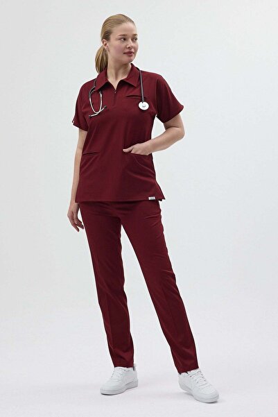 Owlet Medikal Lycra Burgundy Polo Collar Scrubs