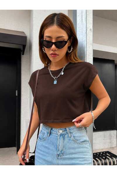 BONNYWILLL BİSİKLET YAKA DÜŞÜK KOL CROP T-SHIRT