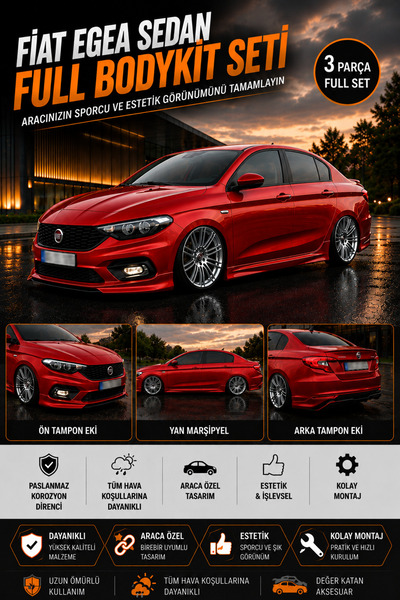 ModGR-Dizayn FİAT EGEA SEDAN 2015-2020 ARACA ÖZEL FULL BODYKİT (KIRMIZI) FİBER
