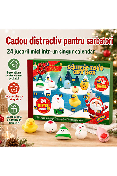 OEM Calendar Advent cu jucarii Squishy, 24 de ferestre numerotate, fiecare cu cate o surpriza, personaje cunoscute, materiale sigure pentru copii, tematica Craciun