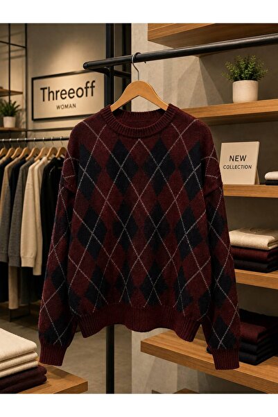 threeoff Women's Diamond Patterned Oversize Knitwear Sweater with Crew Neck, ...