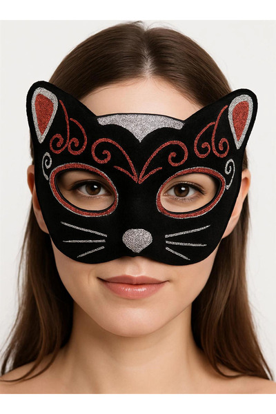 evimdeyokyok Velvet Textured Glitter Detailed Sparkly Cat Mask Red Silver 20X...