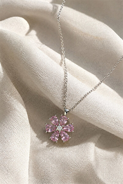TAKIPORT Silver Color Pink Zircon Stone Flower Figured Women's Necklace