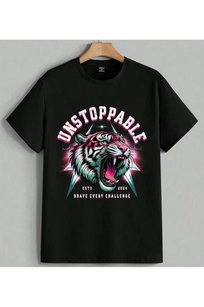 ELFERA Tiger Design Neon Art Printed Unisex Oversize T-Shirt Black
