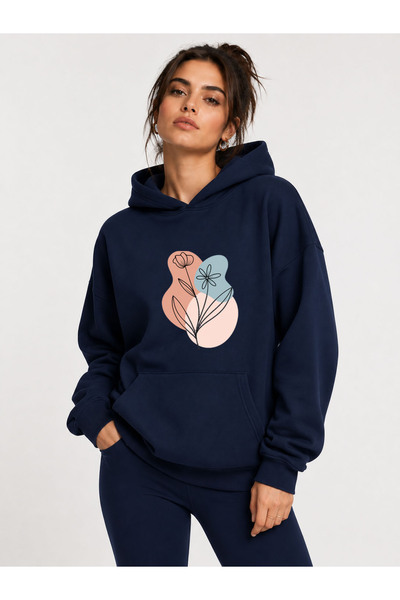 herkesemoda Floral Printed Hooded 2 Thread Threaded Sweatshirt