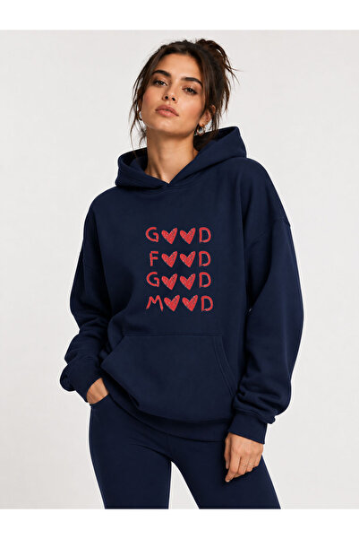 herkesemoda Letter and Mini Hearts Printed Hooded 2 Thread Threaded Sweatshirt