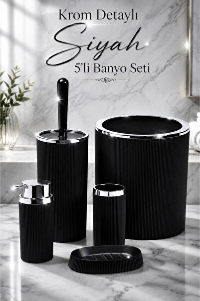 Store HGY Home Krom Detaylı Mina Siyah 5'li Banyo Seti