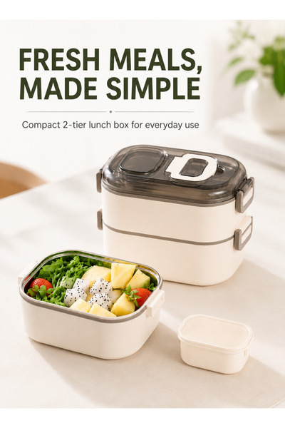 Yoawllty 2-Tier Beige Leakproof Stainless Steel Bento Box, Detachable Microwa...