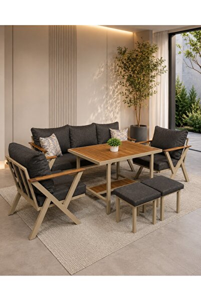 zerkaconcept Nitra Metal Bahçe Balkon Teras Koltuk Takımı 3+1+1+Masa+2 adet Puf