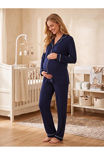 Lohusa Homewear New Season Navy Blue Buttoned Design Ribbed Long Sleeve 100% ...