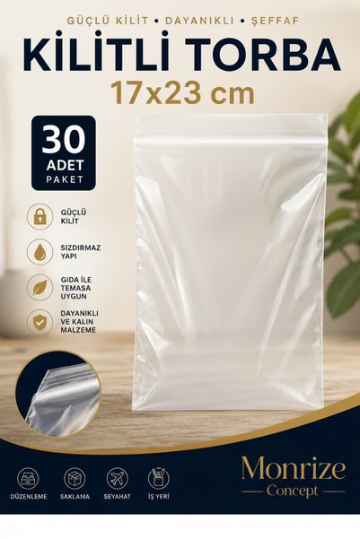 Monrize Concept 17x23 cm Kilitli Poşet 30'lu Paket | Şeffaf Kilitli Torba | Z...