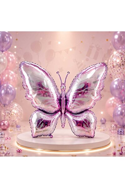 Parti Dükkanı Butterfly Foil Balloon Purple Pink Hologram 98 X 72 cm Helium C...