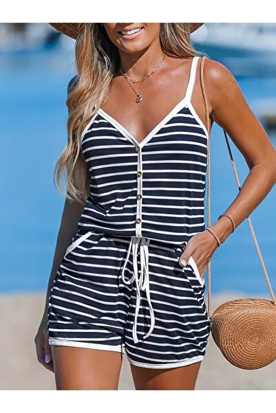 Veraura Lifestyle Women's Strappy V-Neck Short Viscose Jumpsuit with Belted W...