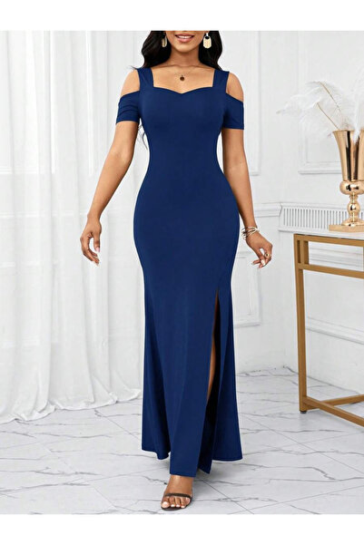 Gökyüzü Moda Women's off-the-shoulder long imported crepe dress with slit detail