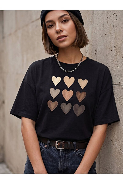 Flubutik Women's Multi Heart Print Organic Cotton Relaxed Fit Round Neck T-Sh...