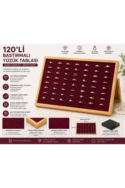Doreka 120’lı Bastırmalı Yüzük Tablası Bambu Çerçeveli Bordo Kadife 25x35Cm