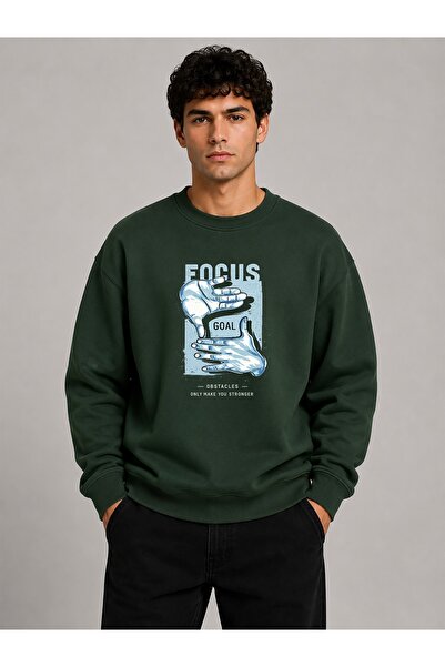 herkesemoda Focus Print Detailed Crew Neck 2 Thread Sweatshirt