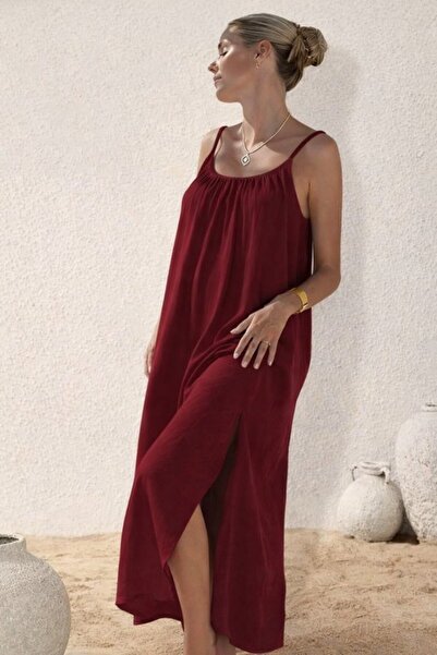 pazarella Women's Rope Strap Round Neck Slit Long Muslim Dress
