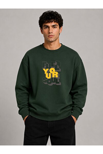 herkesemoda Fuel Your Harder Print Detailed Crew Neck 2 Thread Sweatshirt wit...