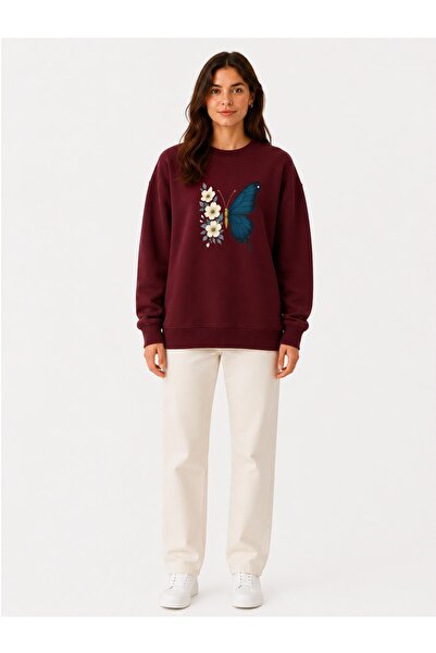 herkesemoda Butterfly Print Detailed Embroidered 2 Thread Crew Neck Sweatshirt