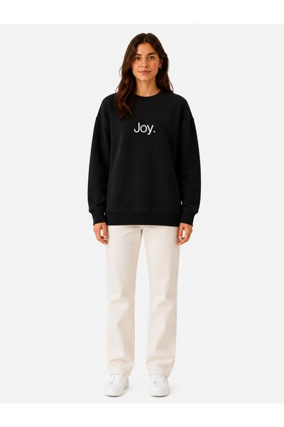 herkesemoda Joy Print Detailed Shirred 2 Thread Crew Neck Sweatshirt