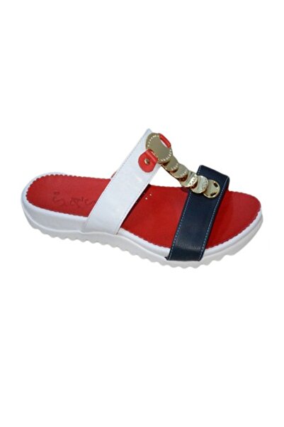 OEM Papuc fashion din piele, culoare alb-bleumarin-rosu, decor auriu