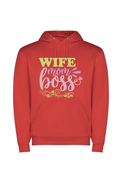 iLovePrints Wife, Mama, Boss Babe Φούτερ με κουκούλα σε χρώμα Κόκκινο