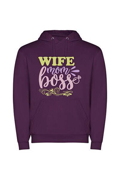 iLovePrints Wife, Mama, Boss Babe Φούτερ με κουκούλα σε χρώμα Μωβ