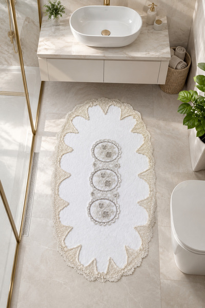 Bonny Home Gold Lace Non-Slip Leather Based Oval Bath Mat Liana Washable Bath...