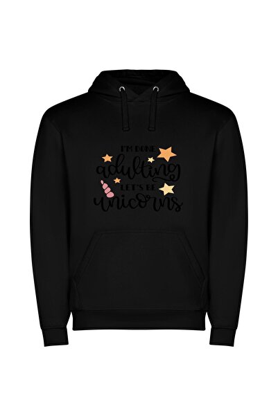 iLovePrints Whimsical Unicorn Escapades Φούτερ με κουκούλα σε χρώμα Μαύρο