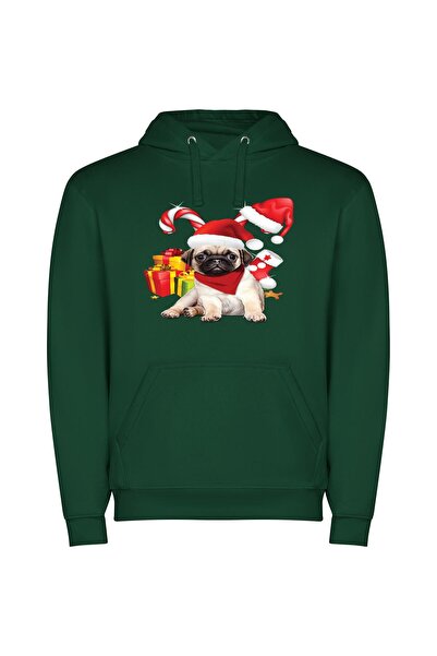 iLovePrints Festive Pug Fashion Φούτερ με κουκούλα σε χρώμα Πράσινο
