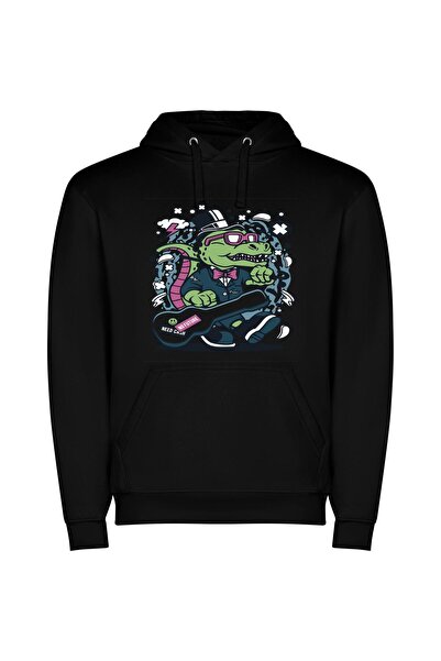 iLovePrints Guitar-Grooving Gator Φούτερ με κουκούλα σε χρώμα Μαύρο