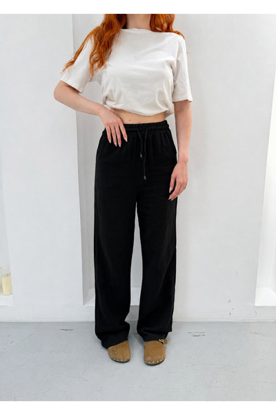 NEW JOURNAL Women's Black High Waist Lace-Up Muslin Trousers Sr5200