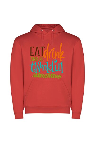 iLovePrints Eat, Drink, Be Grateful Φούτερ με κουκούλα σε χρώμα Κόκκινο
