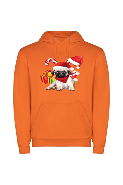 iLovePrints Festive Pug Fashion Φούτερ με κουκούλα σε χρώμα Πορτοκαλί