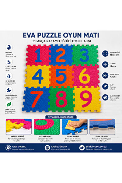 Durna Store EVA Puzzle Oyun Matı 9 Parça Rakamlı 33x33 cm 13 mm Kalınlık Eğit...