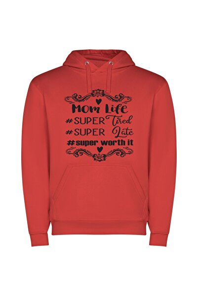 iLovePrints Super Mom, Street Chic Φούτερ με κουκούλα σε χρώμα Κόκκινο