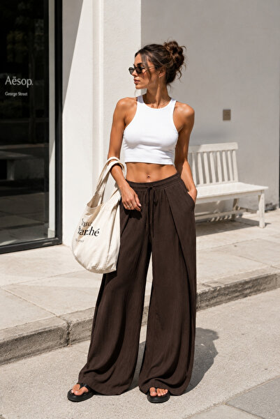 Black Fashion Pile Detay Bağcıklı Kahverengi Keten Pantolon