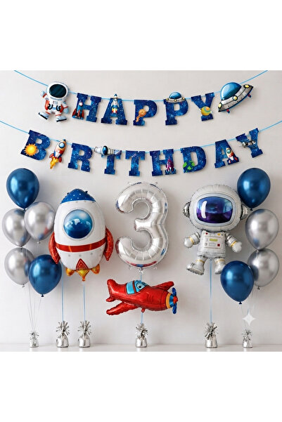 ALYA PARTİ Uzay Temalı Doğum Günü Balon Seti – Astronot, Roket ve 3 Rakam Fol...