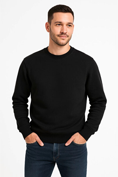pazarella Men's Three Thread Plain Crew Neck Sweatshirt - Black