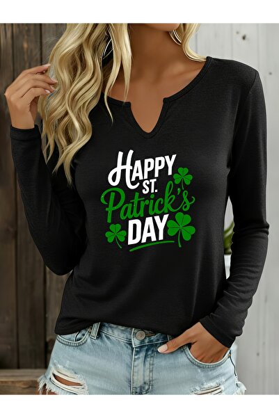 mercoledi St. Patricks Printed Cotton Half V-Neck Long Sleeve Blouse