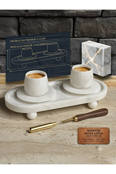 Polen Stone White Marble Footed Oval Cup Set and Presentation Tray (34X14 cm)...