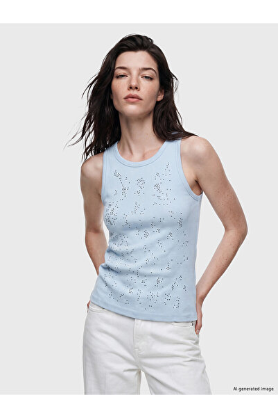 LC Waikiki قميص نسائي قصير الأكمام من Blue Crew Neck Stone