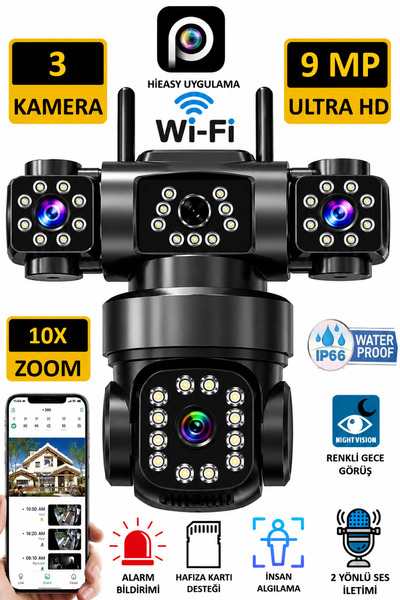 Visenox Pro 9MP 3Lens WiFi Güvenlik Kamerası 360 Hareketli Gece Görüş IP66 Se...