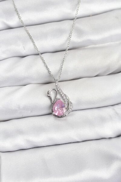 deluxe takı ve giyim 316L Steel Chain Silver Color Pink Swan Model Zircon Sto...