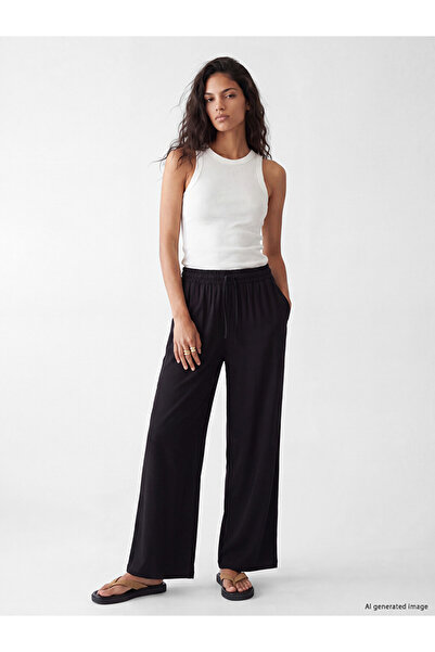 LC Waikiki Black Elastic Waist Wide Leg Women's Trousers