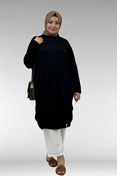 Eslina 38110 Plus Size Low Sleeve Combed Cotton Tunic - Black